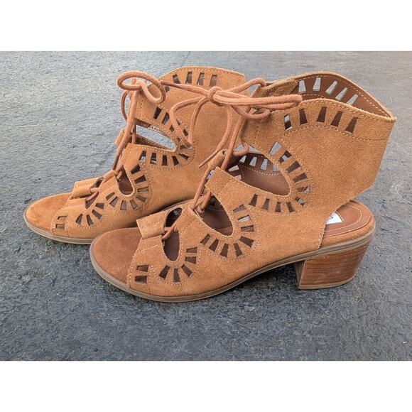 Steve Madden Morocco Leather Gladiator Low Block Heel Lace Up Cut Out Sandals 7 - Picture 3 of 7